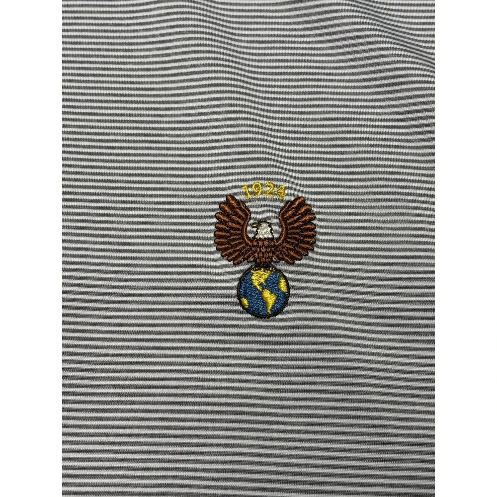 Johnnie-O Mens XL Grey Striped Performance Polo Shirt Eagle‎ Globe 1924 Logo
